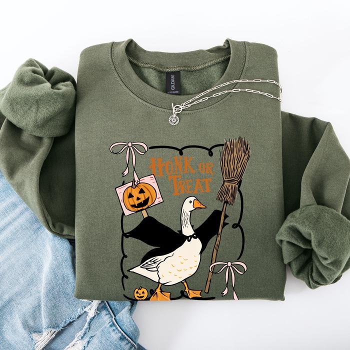 Honk Or Treat Cute Goose Halloween Witch Cozy Graphic Vintage Print Deluxe Sweatshirt