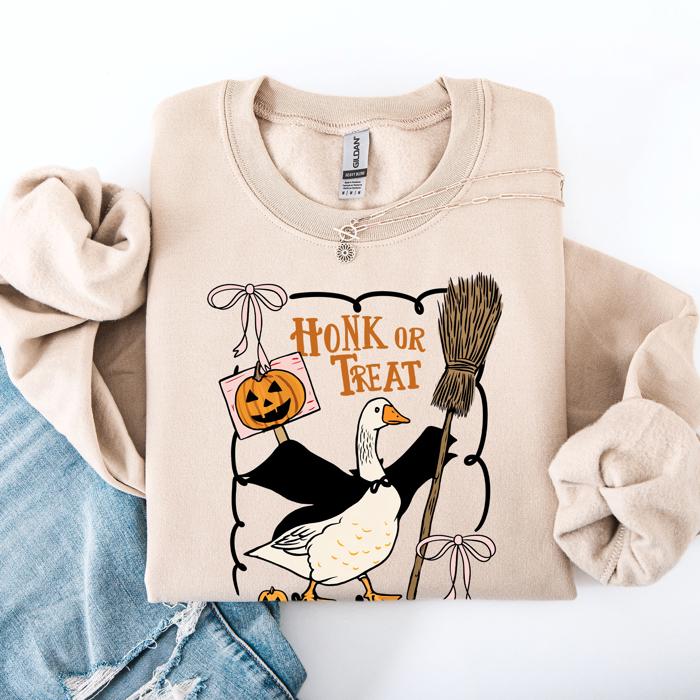 Honk Or Treat Cute Goose Halloween Witch Cozy Graphic Vintage Print Deluxe Sweatshirt