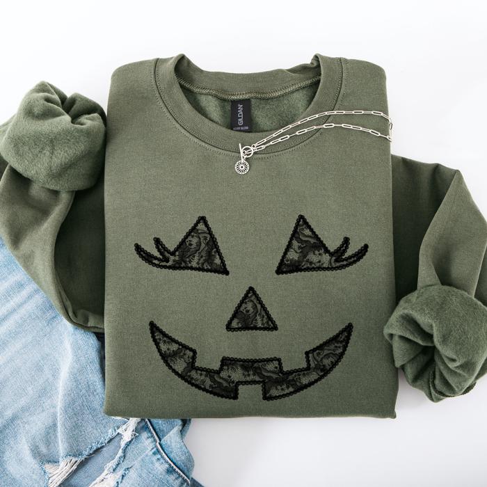 Jack O Lantern Coquette Faux Lace Halloween Vintage Inspired Cozy Embroidered Sweatshirt