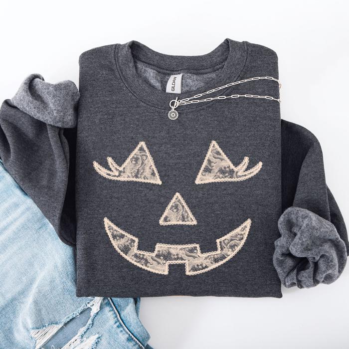 Jack O Lantern Coquette Faux Lace Halloween Vintage Inspired Cozy Embroidered Sweatshirt