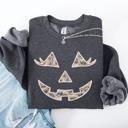 XL Dark Gray Heather Jack O Lantern Coquette Faux Lace Halloween Vintage Inspired Cozy Embroidered Sweatshirt