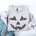Small Ash Light Gray Jack O Lantern Coquette Faux Lace Halloween Vintage Inspired Cozy Embroidered Sweatshirt