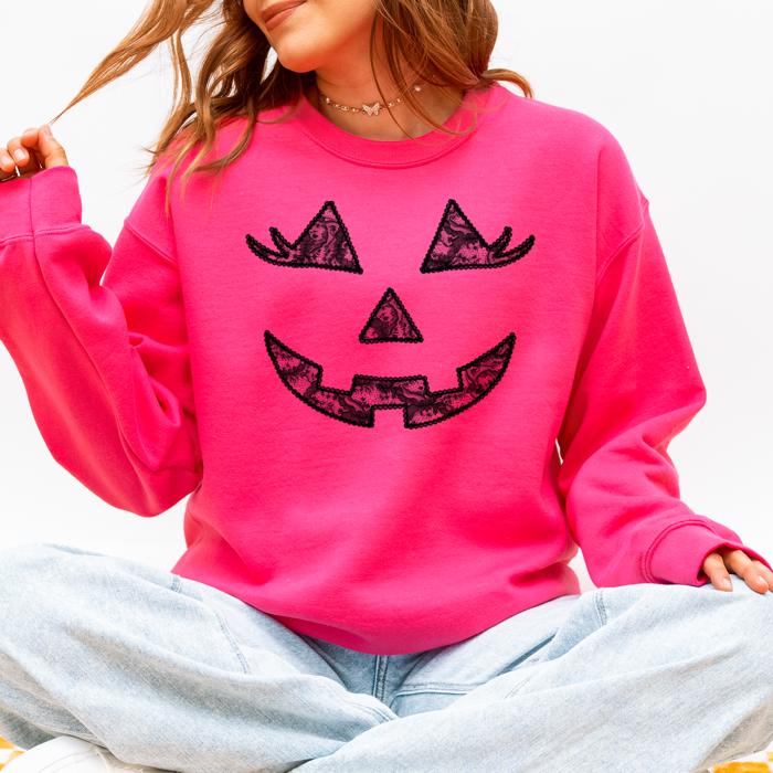 Jack O Lantern Coquette Faux Lace Halloween Vintage Inspired Cozy Embroidered Sweatshirt