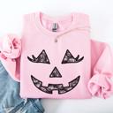Small Light Pink Jack O Lantern Coquette Faux Lace Halloween Vintage Inspired Cozy Embroidered Sweatshirt