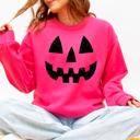 Large Crunhberry Bright Pink Jack O Lantern Halloween Design Cozy Autumn Festive Night Scene Illustration Style Sweatshirt