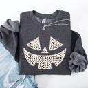 Large Dark Gray Heather Jack O Lantern Dalmatian Print Halloween Cozy Whimsical Autumn Festival Sweatshirt