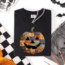 XL Black Jack O Lantern Faux Quilt Pumpkin Halloween Fall Autumn Spooky Cozy Comfort Colors Tee