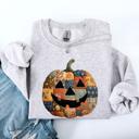 XXL Ash Light Gray Jack O Lantern Faux Quilt Pumpkin Halloween Fall Autumn Cozy Patchwork Style Sweatshirt