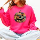 Small Crunhberry Bright Pink Jack O Lantern Faux Quilt Pumpkin Halloween Fall Autumn Cozy Patchwork Style Sweatshirt