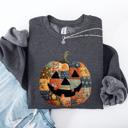Small Dark Gray Heather Jack O Lantern Faux Quilt Pumpkin Halloween Fall Autumn Cozy Patchwork Style Sweatshirt