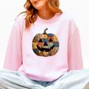 Large Light Pink Jack O Lantern Faux Quilt Pumpkin Halloween Fall Autumn Cozy Patchwork Style Sweatshirt