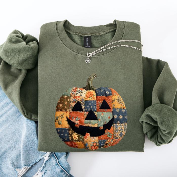 Jack O Lantern Faux Quilt Pumpkin Halloween Fall Autumn Cozy Patchwork Style Sweatshirt