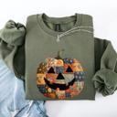 Medium Military Green Jack O Lantern Faux Quilt Pumpkin Halloween Fall Autumn Cozy Patchwork Style Sweatshirt