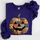 XL Purple Jack O Lantern Faux Quilt Pumpkin Halloween Fall Autumn Cozy Patchwork Style Sweatshirt