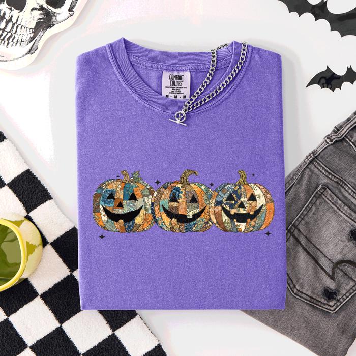 Jack O Lanterns Faux Quilt Classic Halloween Fall Autumn Trad Comfort Colors Tee
