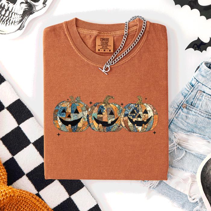 Jack O Lanterns Faux Quilt Classic Halloween Fall Autumn Trad Comfort Colors Tee