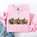 XL Light Pink Jack O Lanterns Faux Quilt Pumpkin Halloween Autumn Festive Cozy Classic Sweatshirt