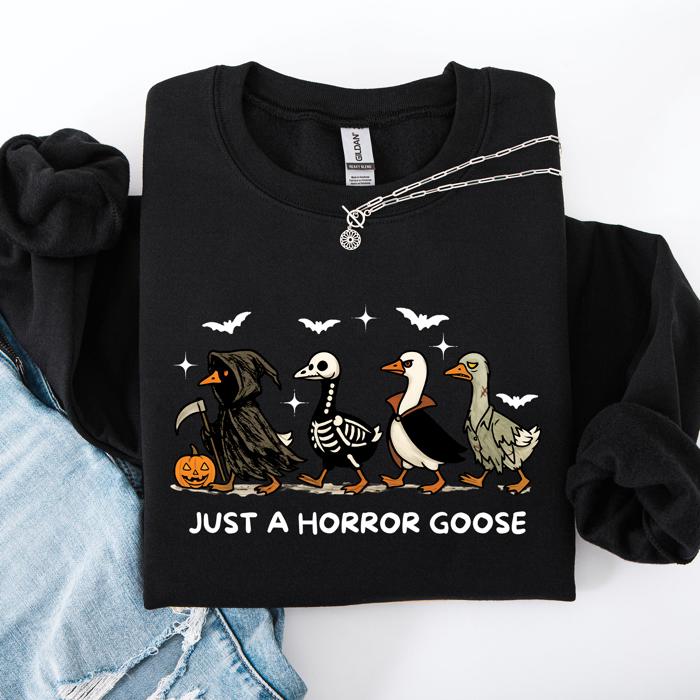 Just A Horror Goose Halloween Spooky Goose Graphic Print Cozy Seasonal Sweatshirt