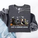 Large Dark Gray Heather Just A Horror Goose Halloween Spooky Goose Graphic Print Cozy Seasonal Sweatshirt