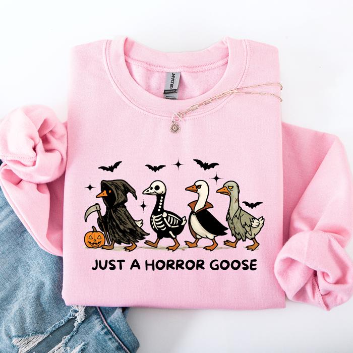 Just A Horror Goose Halloween Spooky Goose Graphic Print Cozy Seasonal Sweatshirt