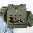 Small Military Green Just A Horror Goose Halloween Spooky Goose Graphic Print Cozy Seasonal Sweatshirt