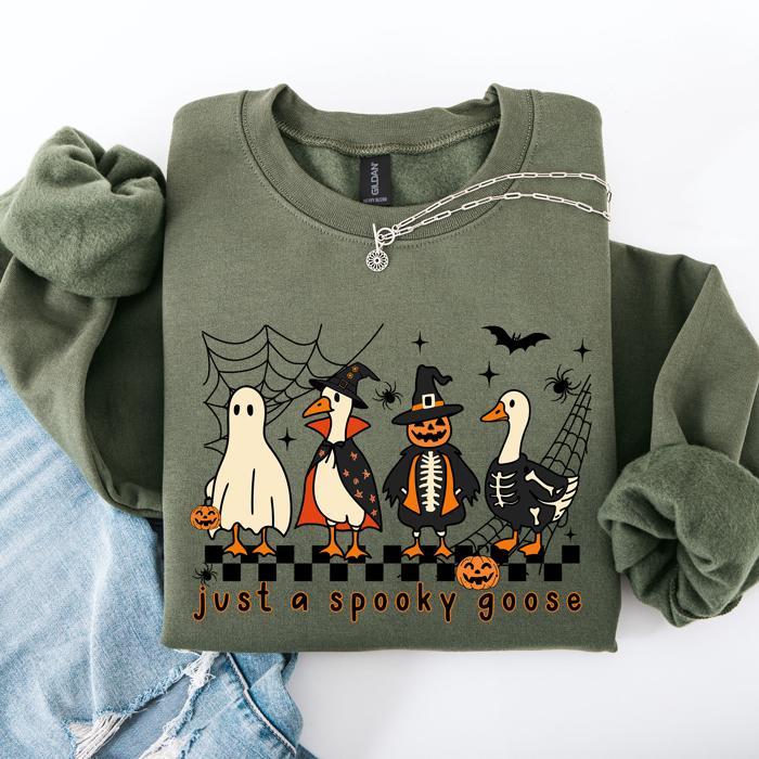 Just A Spooky Goose Checkered Halloween Design With Eerie Vibe For Cozy Fall Sweatshirt