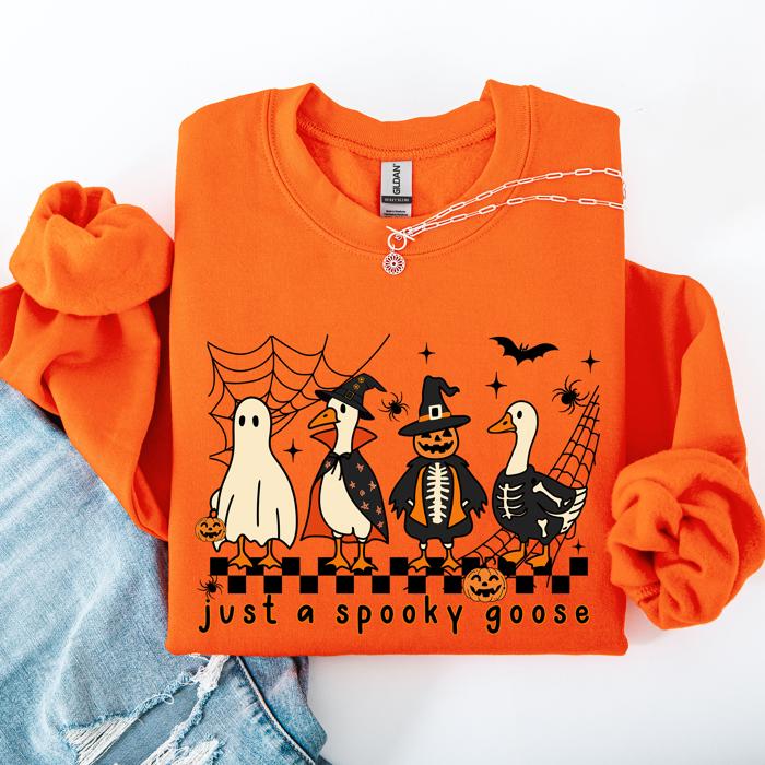 Just A Spooky Goose Checkered Halloween Design With Eerie Vibe For Cozy Fall Sweatshirt