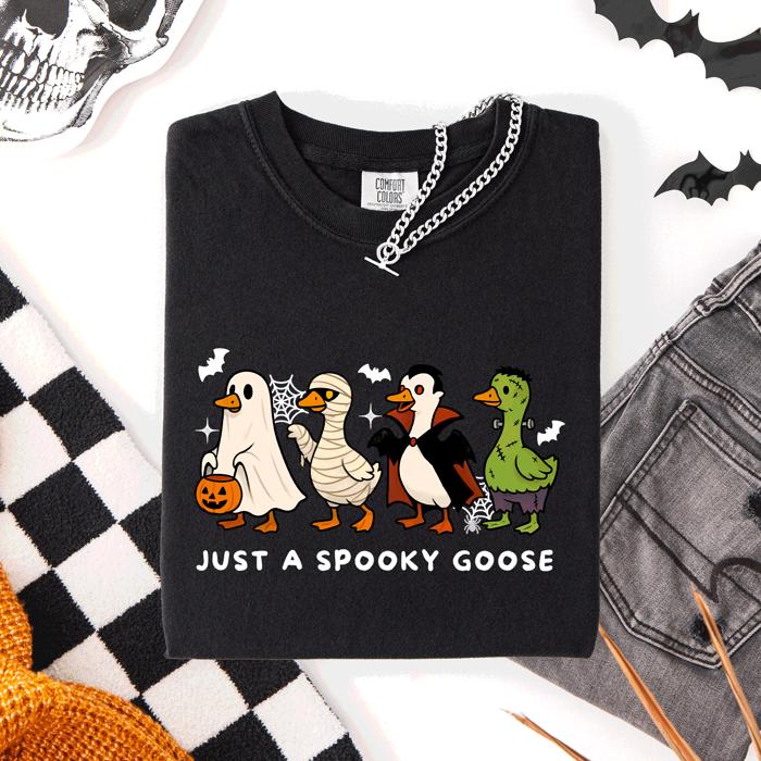 Just A Spooky Goose Comfort Colors Tee Featuring Dracula Vampire Ghost And Mummy Halloween Design