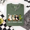 Small Moss Dark Green Just A Spooky Goose Comfort Colors Tee Featuring Dracula Vampire Ghost And Mummy Halloween Design