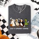 Large Pepper Dark Gray Just A Spooky Goose Comfort Colors Tee Featuring Dracula Vampire Ghost And Mummy Halloween Design