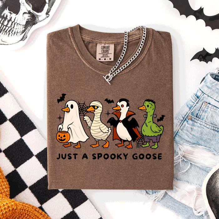Just A Spooky Goose Comfort Colors Tee Featuring Dracula Vampire Ghost And Mummy Halloween Design