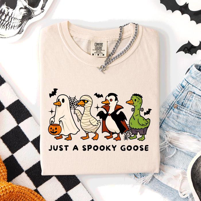 Just A Spooky Goose Comfort Colors Tee Featuring Dracula Vampire Ghost And Mummy Halloween Design