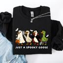 Medium Black Just A Spooky Goose Dracula Vampire Ghost Mummy Halloween Themed Graphic Sweatshirt
