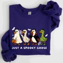 Medium Purple Just A Spooky Goose Dracula Vampire Ghost Mummy Halloween Themed Graphic Sweatshirt