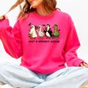Small Crunhberry Bright Pink Just A Spooky Goose Dracula Vampire Ghost Mummy Halloween Themed Graphic Sweatshirt