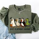 Small Military Green Just A Spooky Goose Dracula Vampire Ghost Mummy Halloween Themed Graphic Sweatshirt