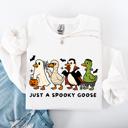 Large White Just A Spooky Goose Dracula Vampire Ghost Mummy Halloween Themed Graphic Sweatshirt