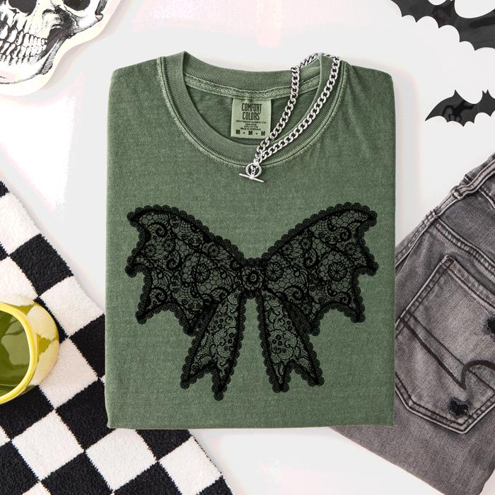 Lace Bow Halloween Goth Faux Lace Ribbon Coquette Silhouette Across The Night Comfort Colors Tee