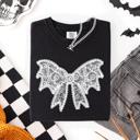 Medium Black Lace Bow Halloween Goth Faux Lace Ribbon Coquette Silhouette Across The Night Comfort Colors Tee