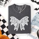 Medium Pepper Dark Gray Lace Bow Halloween Goth Faux Lace Ribbon Coquette Silhouette Across The Night Comfort Colors Tee