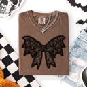 Medium Espresso Lace Bow Halloween Goth Faux Lace Ribbon Coquette Silhouette Across The Night Comfort Colors Tee
