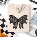 Small Ivory Cream Lace Bow Halloween Goth Faux Lace Ribbon Coquette Silhouette Across The Night Comfort Colors Tee