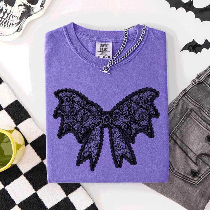 Lace Bow Halloween Goth Faux Lace Ribbon Coquette Silhouette Across The Night Comfort Colors Tee