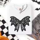 Medium White Lace Bow Halloween Goth Faux Lace Ribbon Coquette Silhouette Across The Night Comfort Colors Tee
