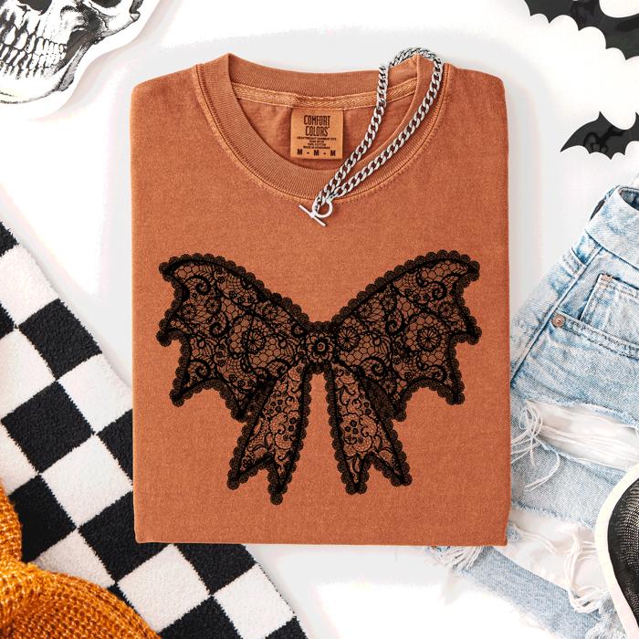Lace Bow Halloween Goth Faux Lace Ribbon Coquette Silhouette Across The Night Comfort Colors Tee