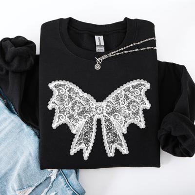 Lace Bow Halloween Goth Faux Lace Ribbon Coquette Ornate Embroidered Detail Sweatshirt