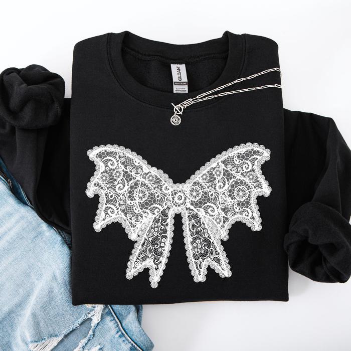 Lace Bow Halloween Goth Faux Lace Ribbon Coquette Ornate Embroidered Detail Sweatshirt