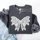 XL Dark Gray Heather Lace Bow Halloween Goth Faux Lace Ribbon Coquette Ornate Embroidered Detail Sweatshirt