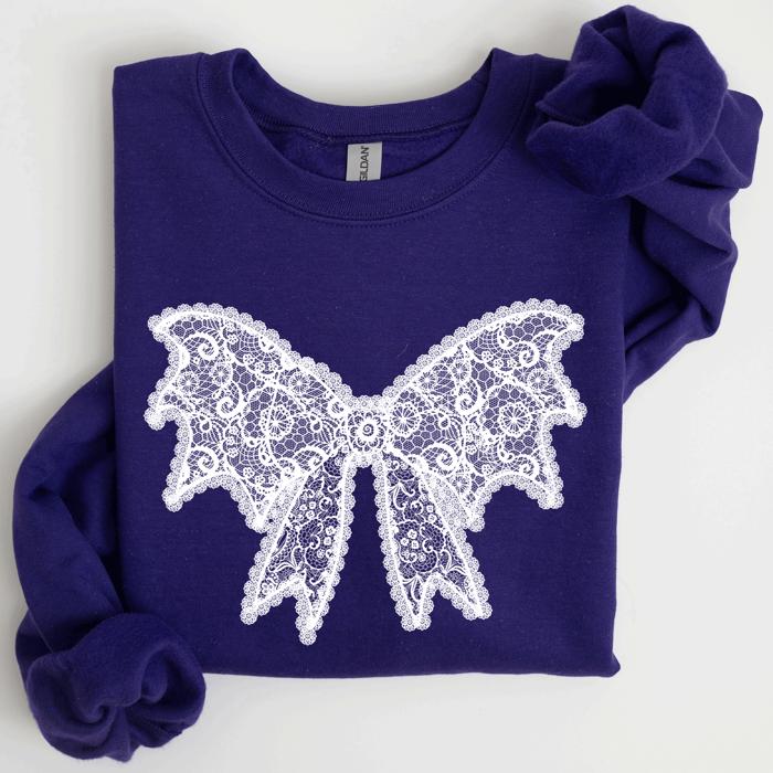 Lace Bow Halloween Goth Faux Lace Ribbon Coquette Ornate Embroidered Detail Sweatshirt