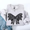 Medium Ash Light Gray Lace Bow Halloween Goth Faux Lace Ribbon Coquette Ornate Embroidered Detail Sweatshirt